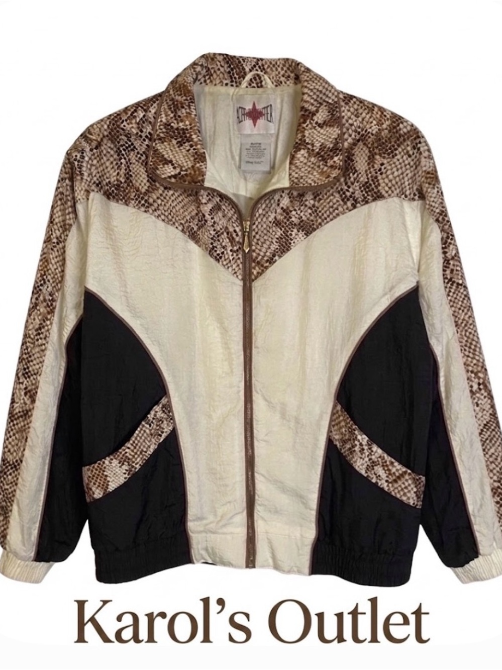 ACTIVE FRONTIER Retro Windbreaker, Women’s M, White Brown Black